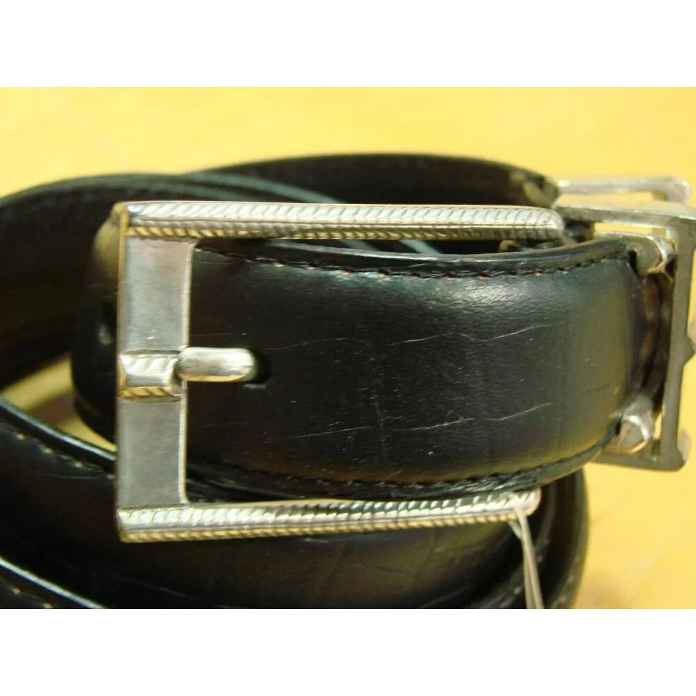 Mens 42 Black Imported Italian Embossed Leather Dress Belt Ornate Silver Buckle